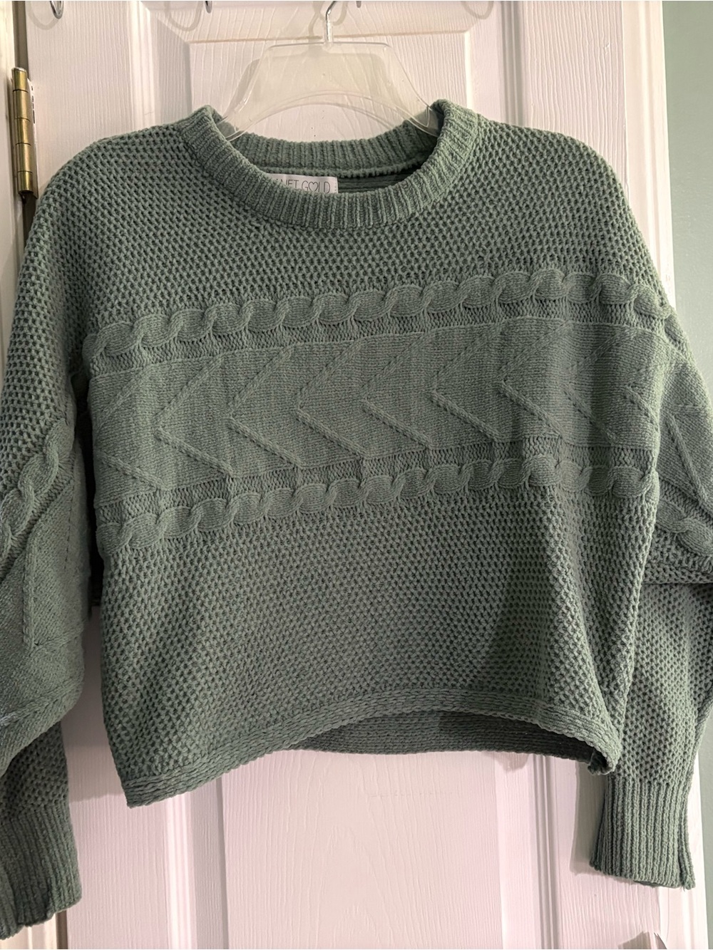 Planet Gold Smokey Green Cable & Textured Knit Crewneck Sweater